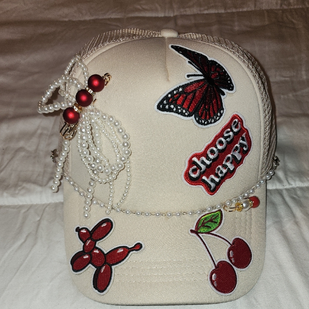 Cream Hat with Patches and Pearls